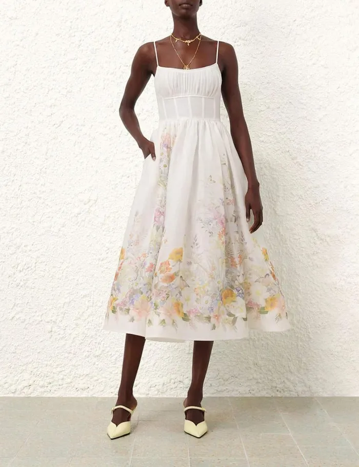 Women Clothing Zimmermann Natura Ruched Midi Dress Ivory Wild Flowers