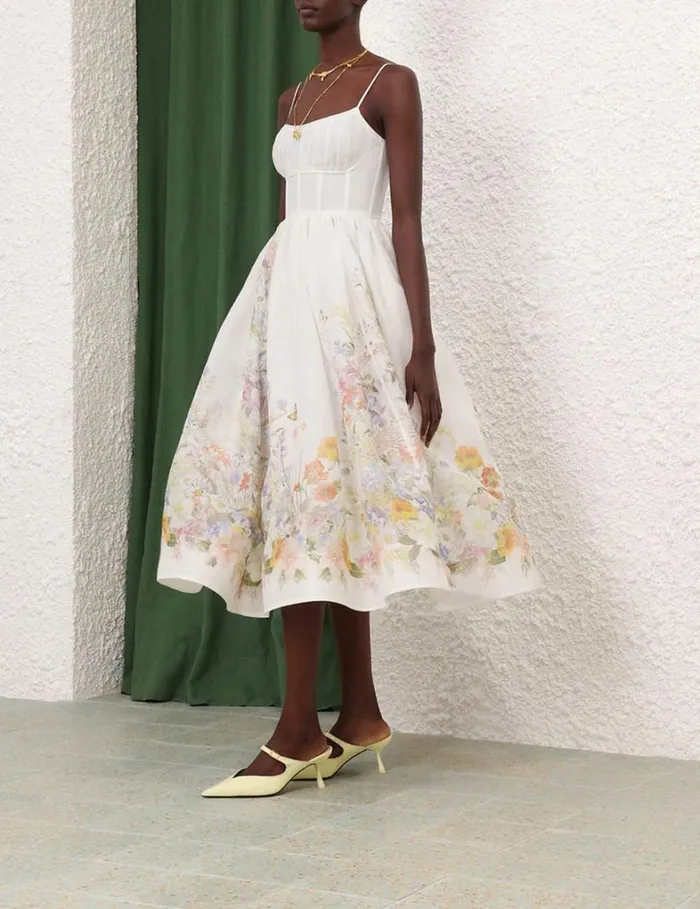 Women Clothing Zimmermann Natura Ruched Midi Dress Ivory Wild Flowers