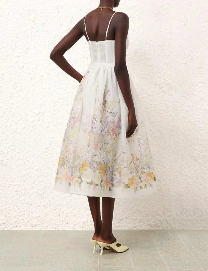 Women Clothing Zimmermann Natura Ruched Midi Dress Ivory Wild Flowers