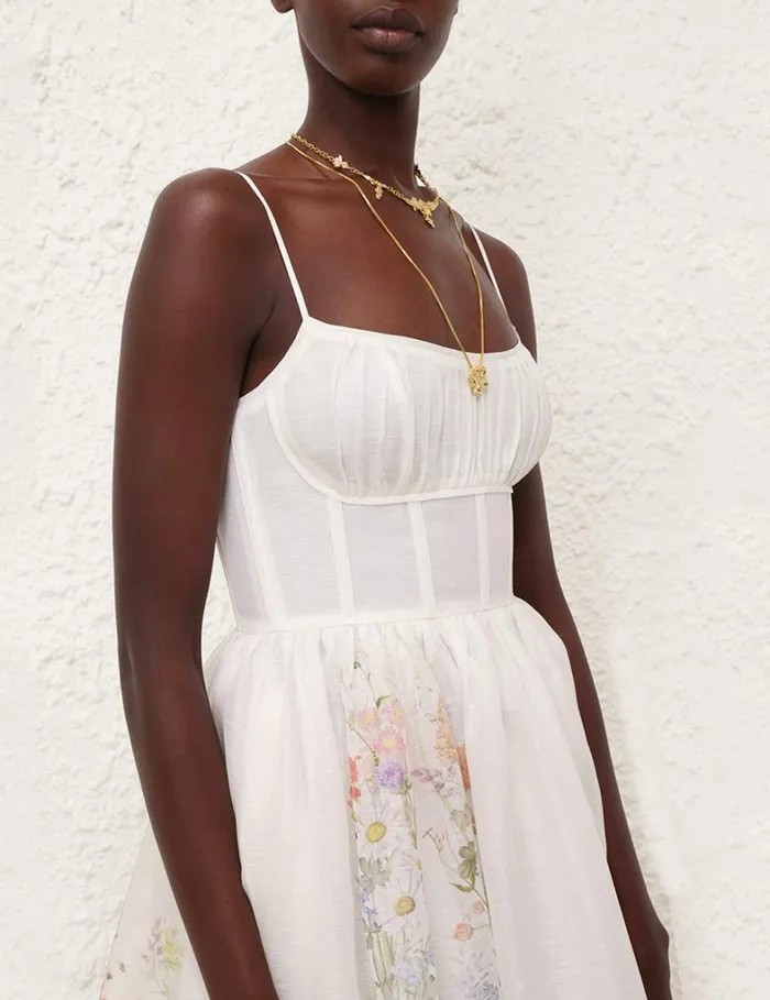 Women Clothing Zimmermann Natura Ruched Midi Dress Ivory Wild Flowers