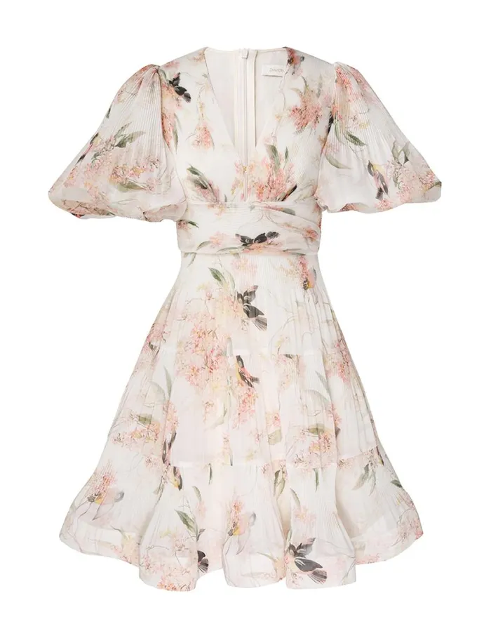 Women Clothing Zimmermann Pleated Mini Dress Coral Birds