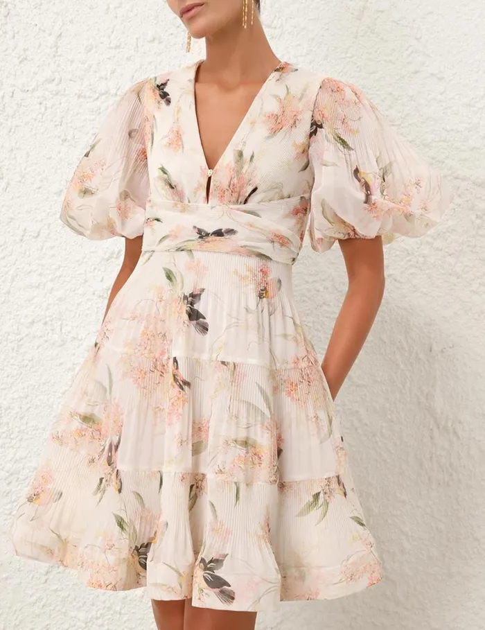 Women Clothing Zimmermann Pleated Mini Dress Coral Birds