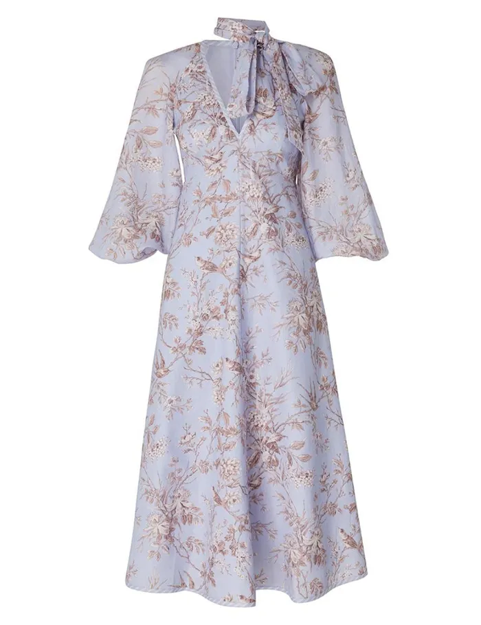 Women Clothing Zimmermann Tie Neck Midi Dress Blue Mockingbird