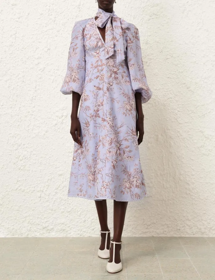 Women Clothing Zimmermann Tie Neck Midi Dress Blue Mockingbird