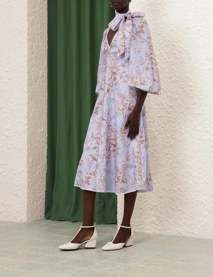 Women Clothing Zimmermann Tie Neck Midi Dress Blue Mockingbird