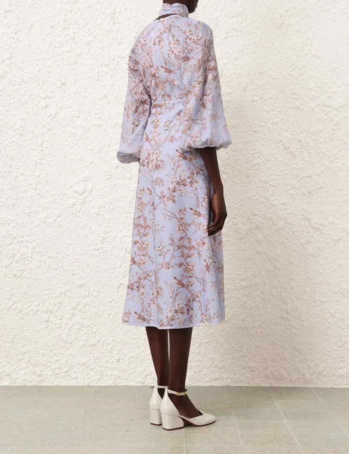 Women Clothing Zimmermann Tie Neck Midi Dress Blue Mockingbird