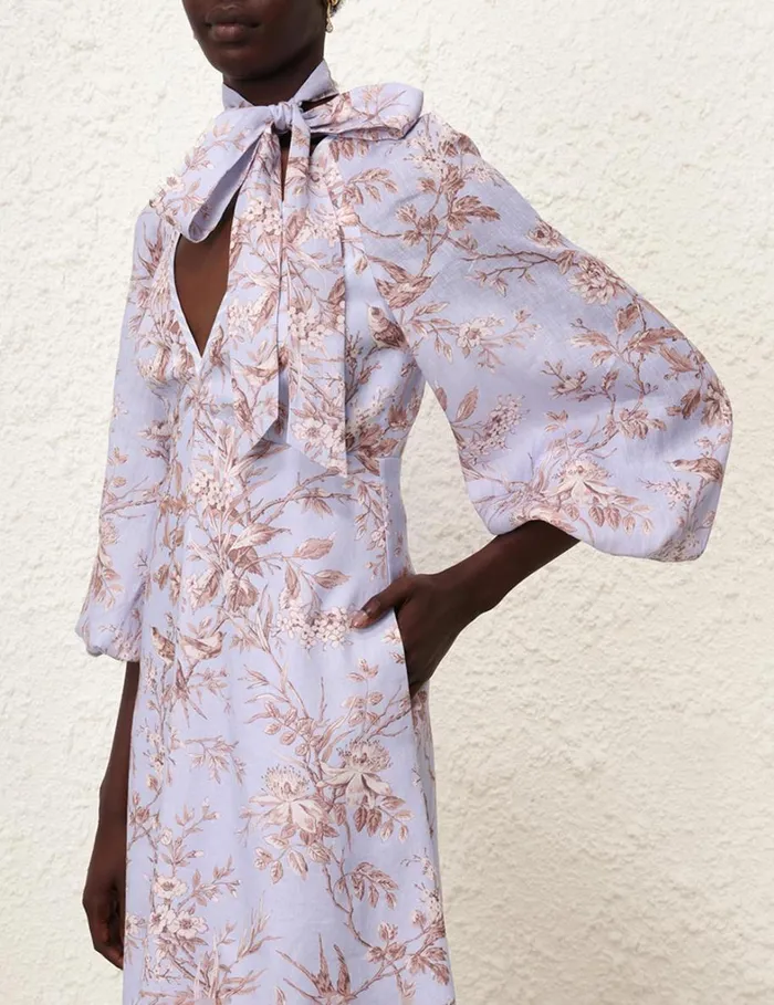 Women Clothing Zimmermann Tie Neck Midi Dress Blue Mockingbird