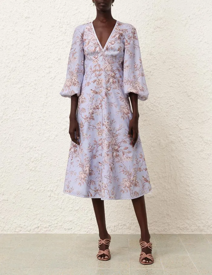 Women Clothing Zimmermann Tie Neck Midi Dress Blue Mockingbird