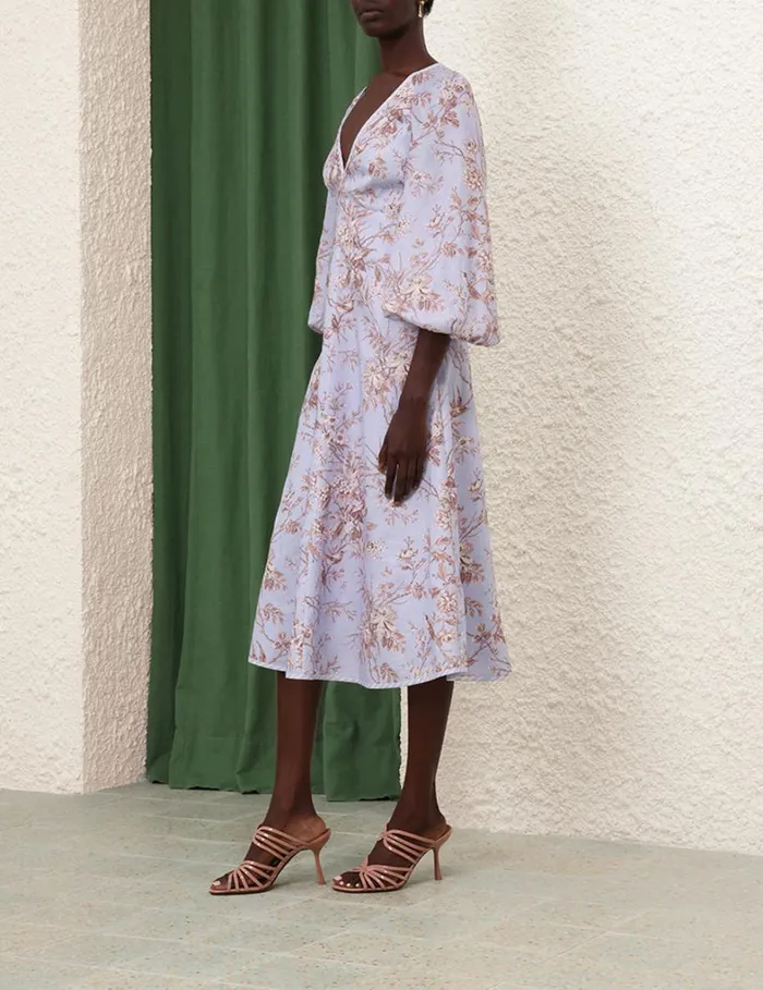 Women Clothing Zimmermann Tie Neck Midi Dress Blue Mockingbird
