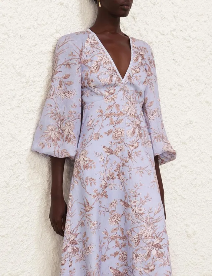 Women Clothing Zimmermann Tie Neck Midi Dress Blue Mockingbird