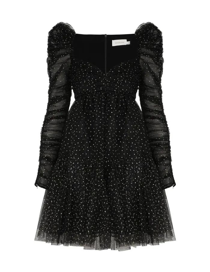 Women Clothing Zimmermann Tulle Ruched Mini Dress Blackgold Dot