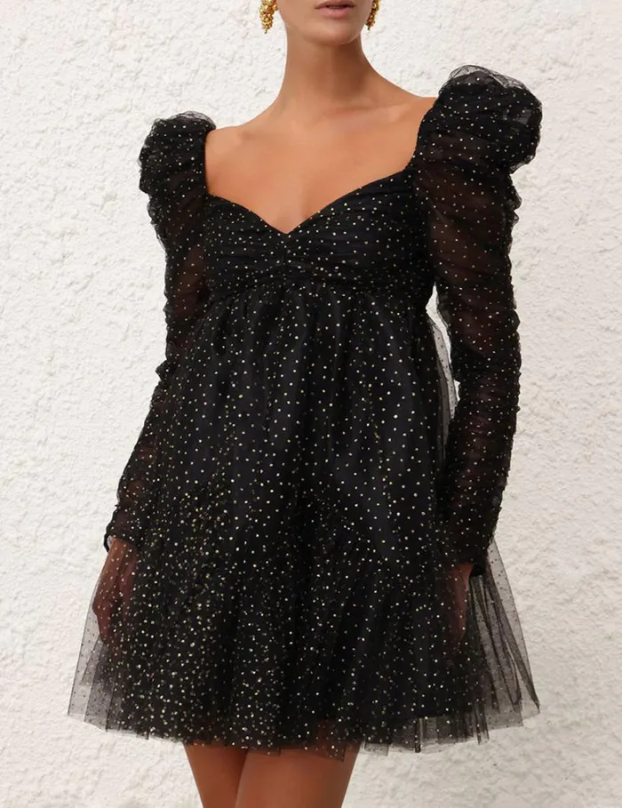 Women Clothing Zimmermann Tulle Ruched Mini Dress Blackgold Dot