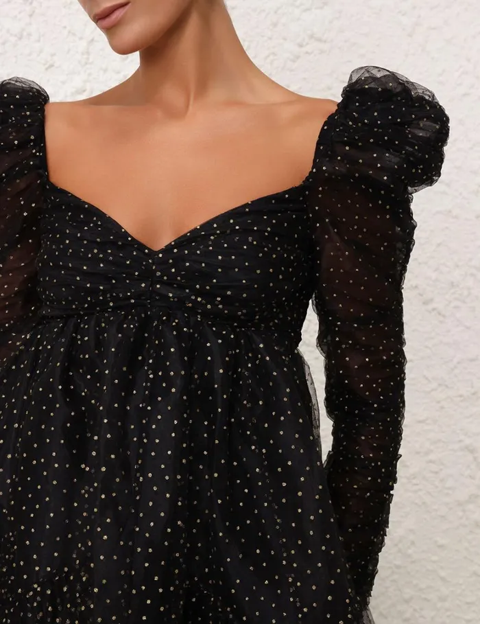 Women Clothing Zimmermann Tulle Ruched Mini Dress Blackgold Dot