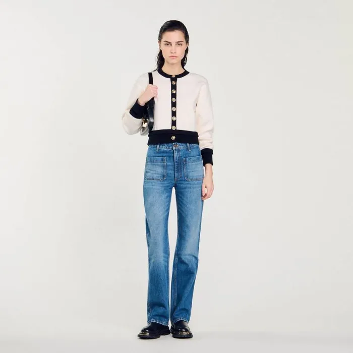 Women Coatigans SANDRO Knit Cardigan Ecru Black