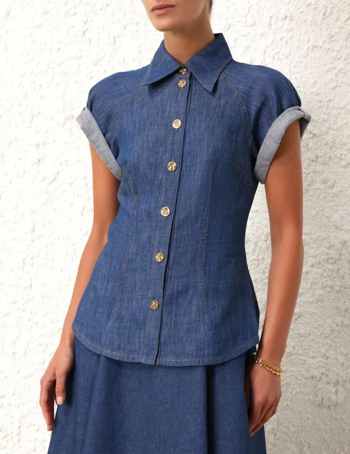 Women Denim Zimmermann Matchmaker Denim Blouse Railway Blue