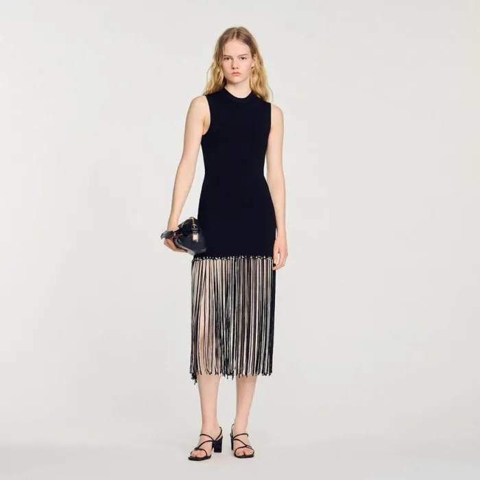 Women Dresses SANDRO Fringed Dress Black Ecru