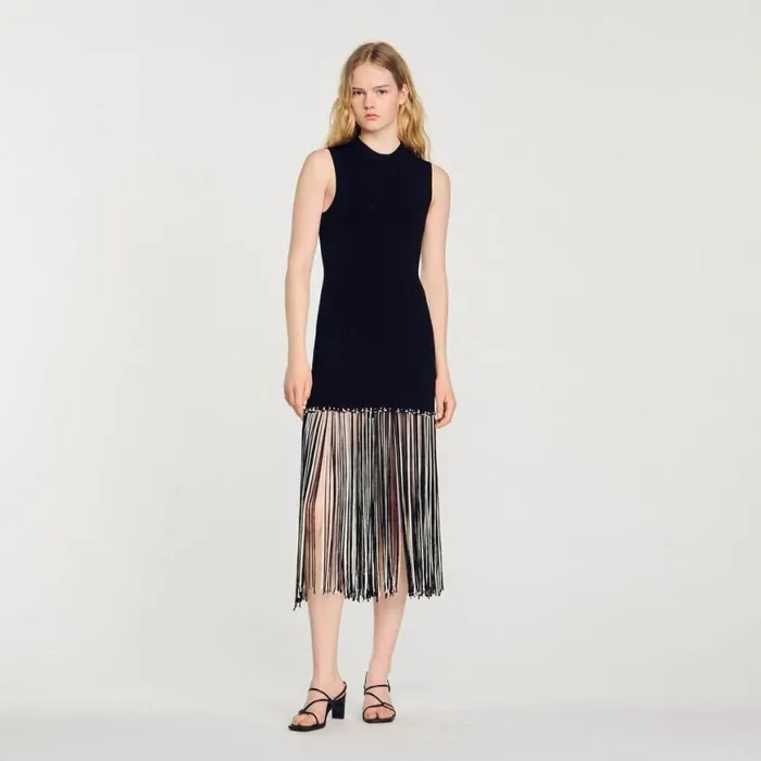 Women Dresses SANDRO Fringed Dress Black Ecru