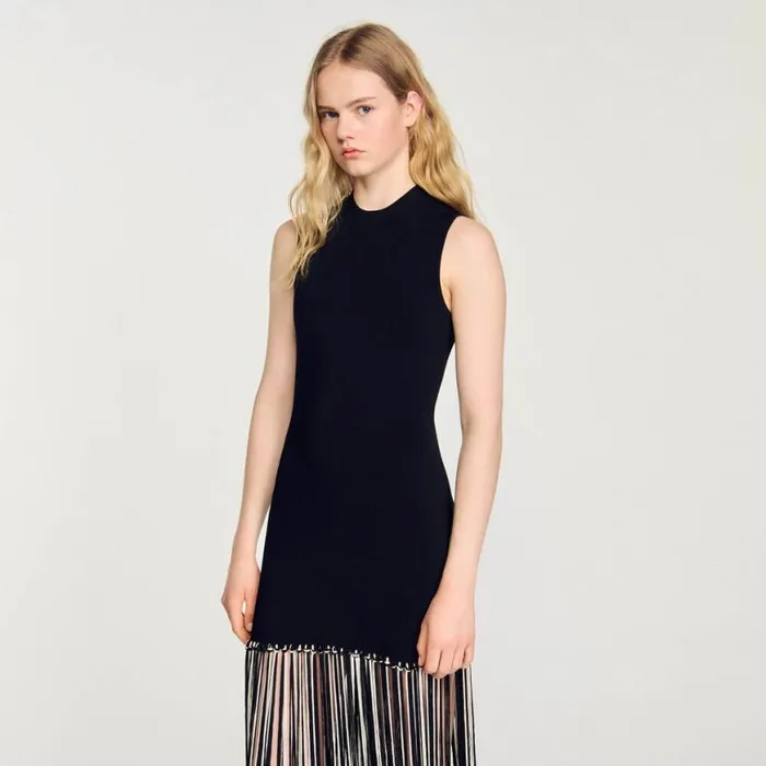 Women Dresses SANDRO Fringed Dress Black Ecru