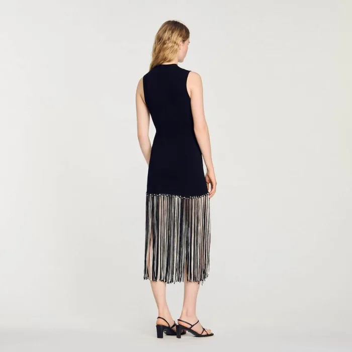 Women Dresses SANDRO Fringed Dress Black Ecru