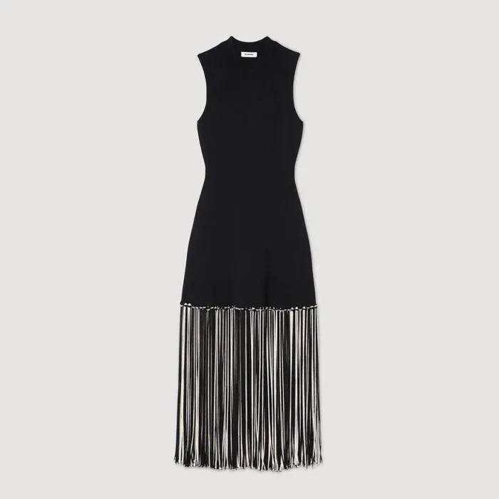 Women Dresses SANDRO Fringed Dress Black Ecru
