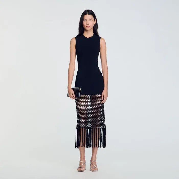 Women Dresses SANDRO Fringed Knit Dress Black