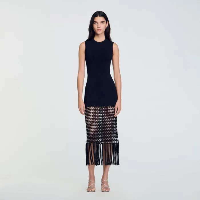 Women Dresses SANDRO Fringed Knit Dress Black