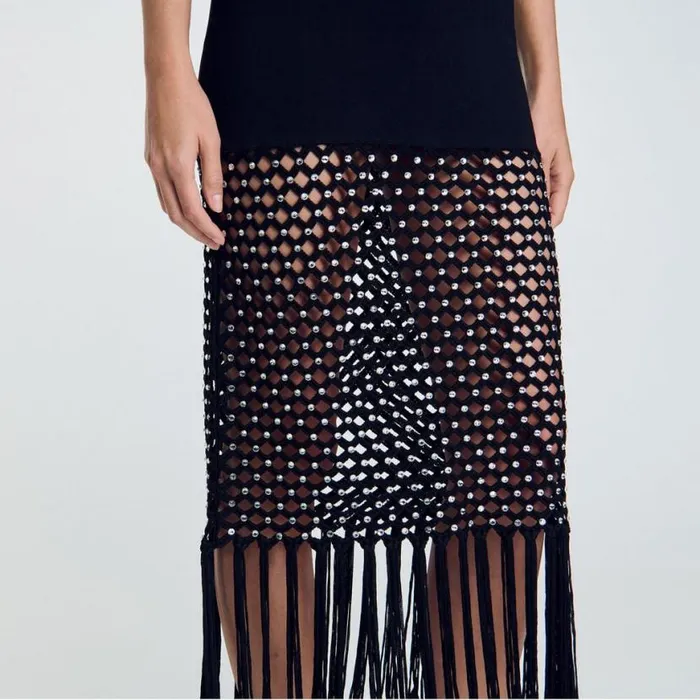 Women Dresses SANDRO Fringed Knit Dress Black
