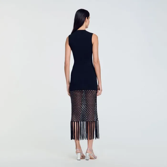Women Dresses SANDRO Fringed Knit Dress Black