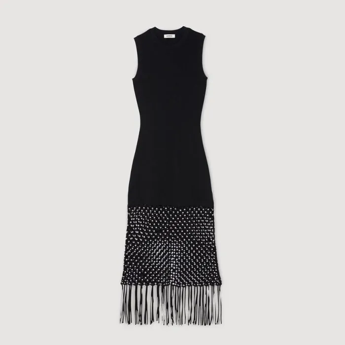 Women Dresses SANDRO Fringed Knit Dress Black