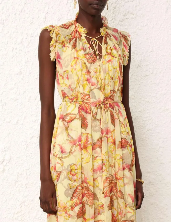 Women Dresses Zimmermann Matchmaker Flutter Midi Dress Yellow Hibiscus
