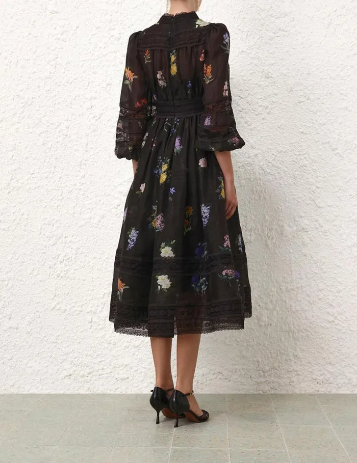 Women Dresses Zimmermann Natura V Neck Lace Midi Dress Multi Botanical Black