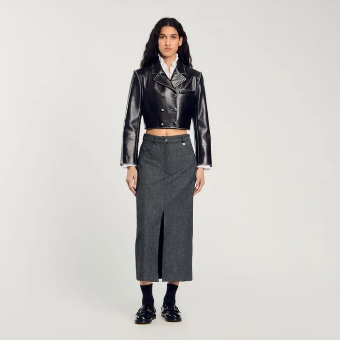 Women Jackets and Blazers SANDRO Cropped Leather Jacket Black