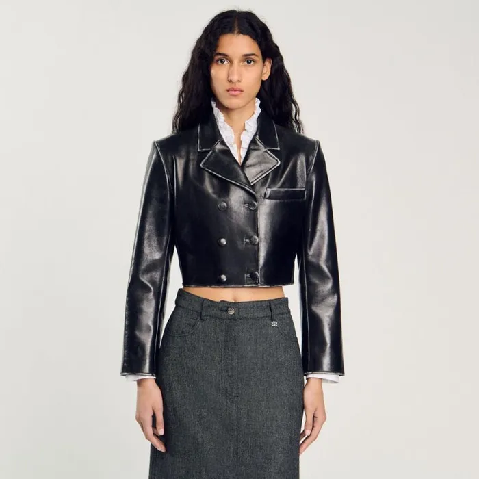 Women Jackets and Blazers SANDRO Cropped Leather Jacket Black