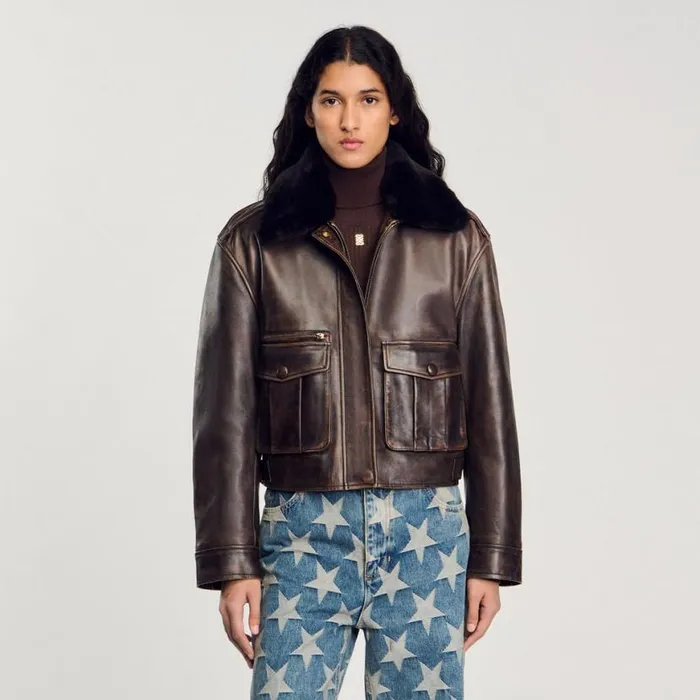 Women Jackets and Blazers SANDRO Distressed Leather Jacket Brown