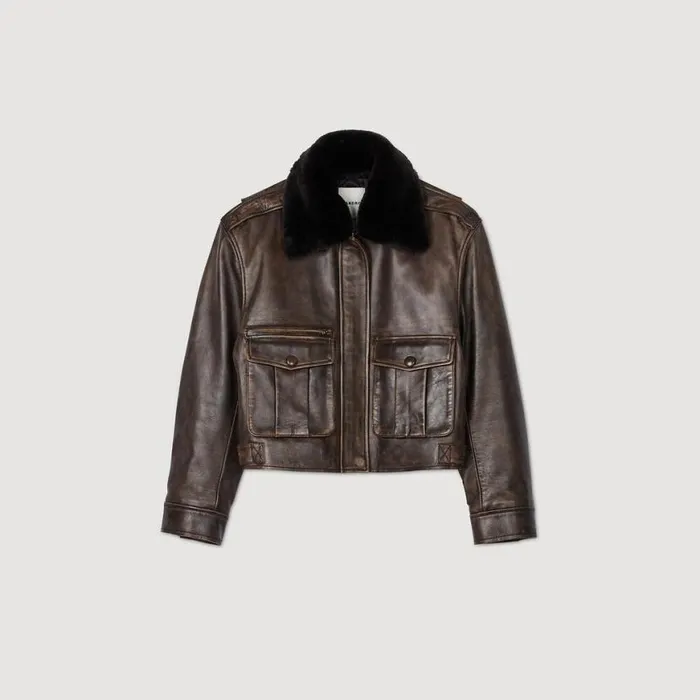 Women Jackets and Blazers SANDRO Distressed Leather Jacket Brown