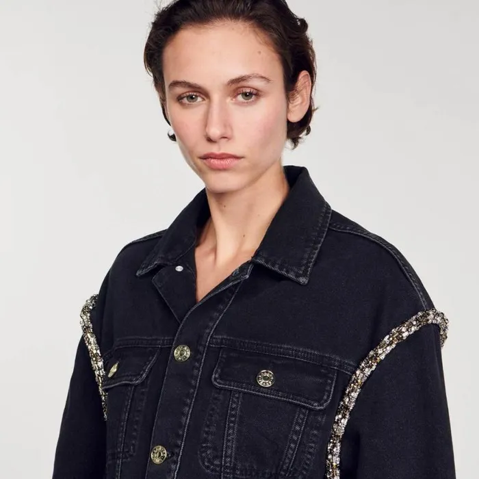Women Jackets and Blazers SANDRO Oversized Denim Jacket With Rhinestones Black
