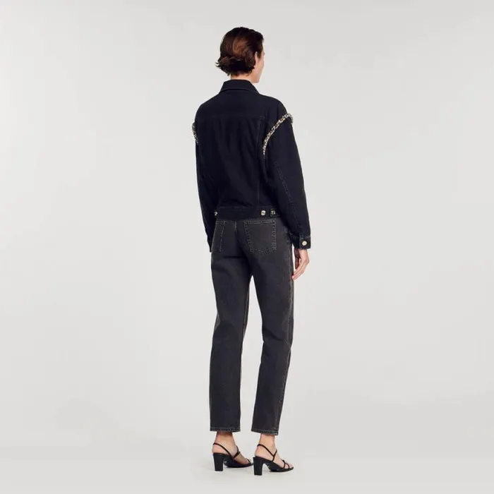 Women Jackets and Blazers SANDRO Oversized Denim Jacket With Rhinestones Black