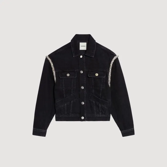 Women Jackets and Blazers SANDRO Oversized Denim Jacket With Rhinestones Black