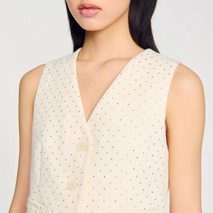 Women Jackets and Blazers SANDRO Rhinestone Tweed Jacket Ecru