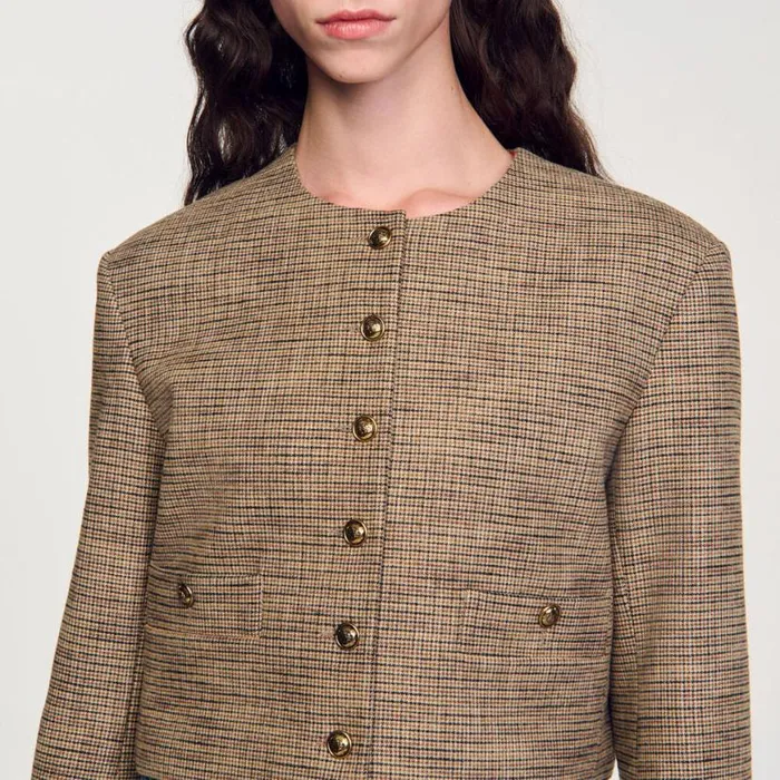 Women Jackets and Blazers SANDRO Short Micro Houndstooth Jacket Brown