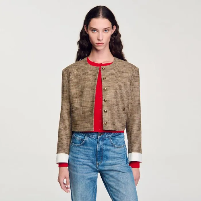Women Jackets and Blazers SANDRO Short Micro Houndstooth Jacket Brown