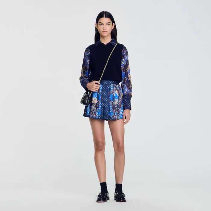 Women Pants and Shorts SANDRO Patterned Silk Skort Navy Gold