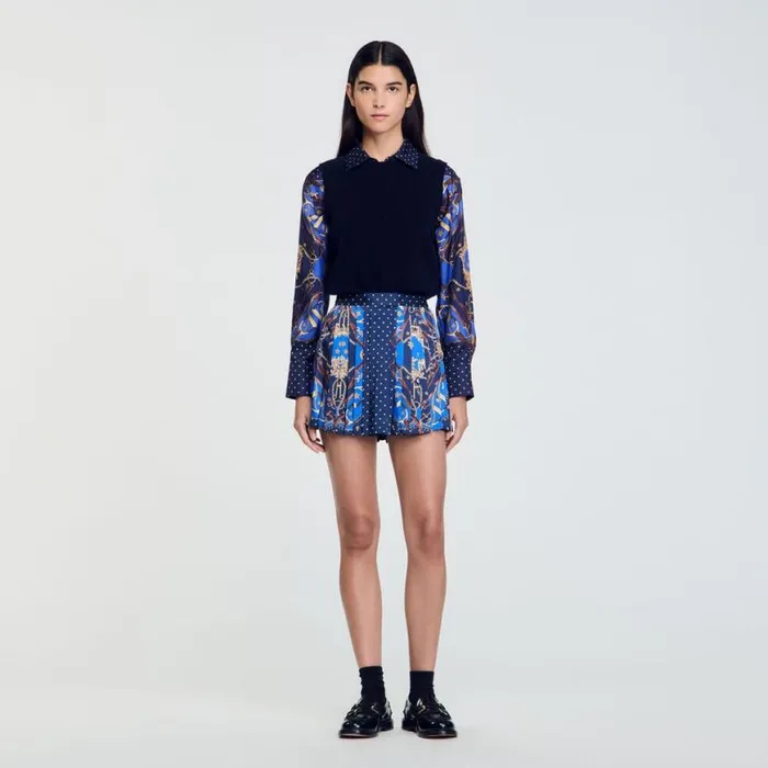 Women Pants and Shorts SANDRO Patterned Silk Skort Navy Gold
