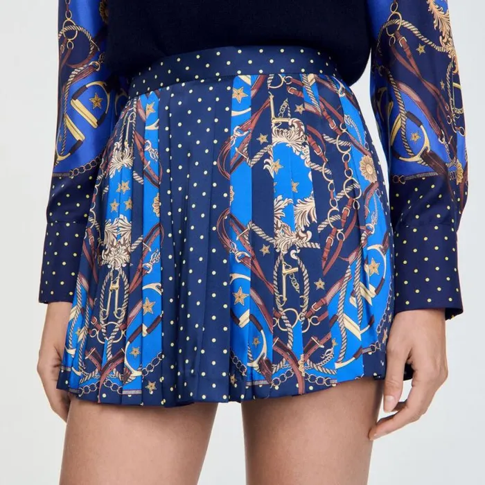 Women Pants and Shorts SANDRO Patterned Silk Skort Navy Gold