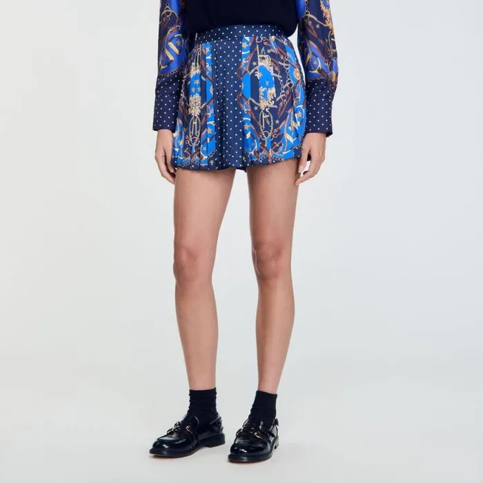 Women Pants and Shorts SANDRO Patterned Silk Skort Navy Gold
