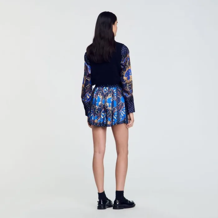 Women Pants and Shorts SANDRO Patterned Silk Skort Navy Gold