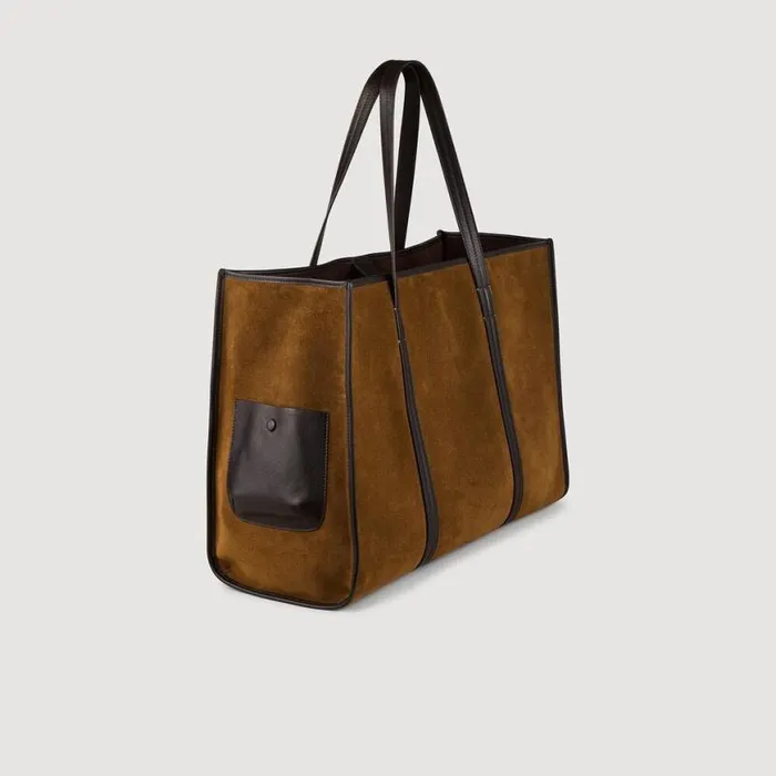 Women Shoulder Bags SANDRO Suede Tote Bag Camel