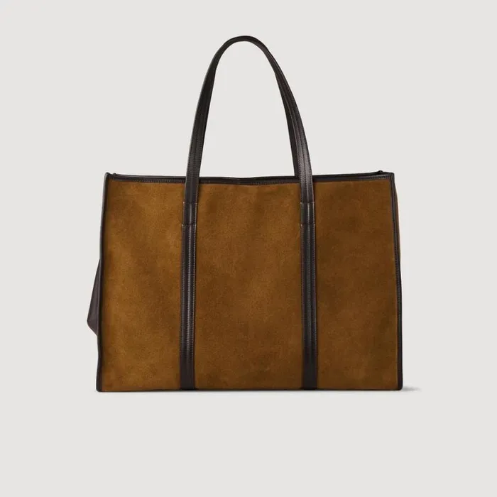 Women Shoulder Bags SANDRO Suede Tote Bag Camel