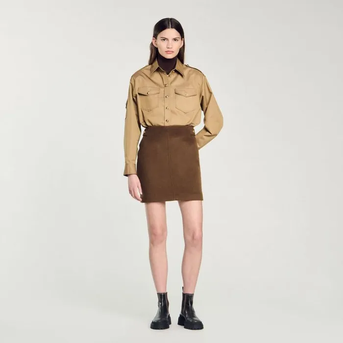 Women Skirts SANDRO Doublefaced Short Wool Skirt Olive Green