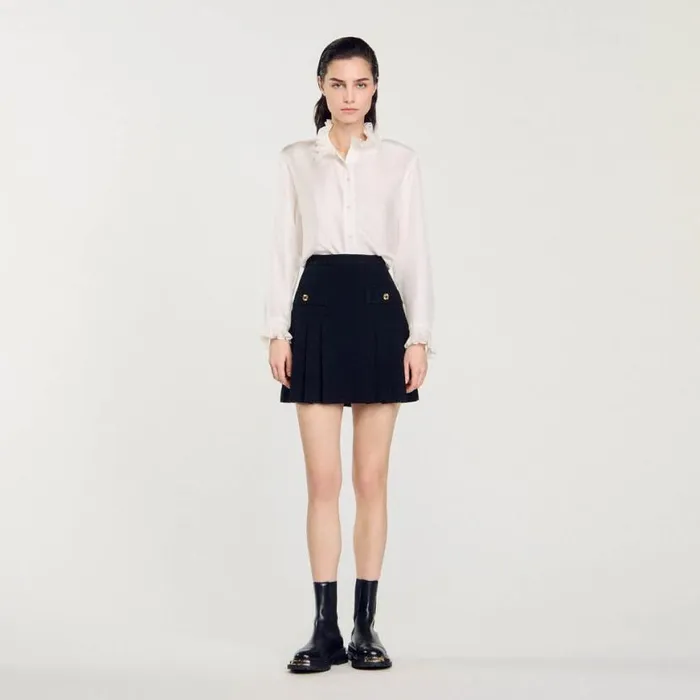 Women Skirts SANDRO Pleated Tweed Skirt Black Women Skirts SANDRO Pleated Tweed Skirt Black